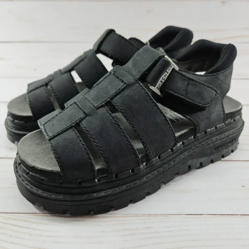 Skechers Youth Size 1 Black Chunky Leather‎ Sandals Platform Y2K 90s Grunge
